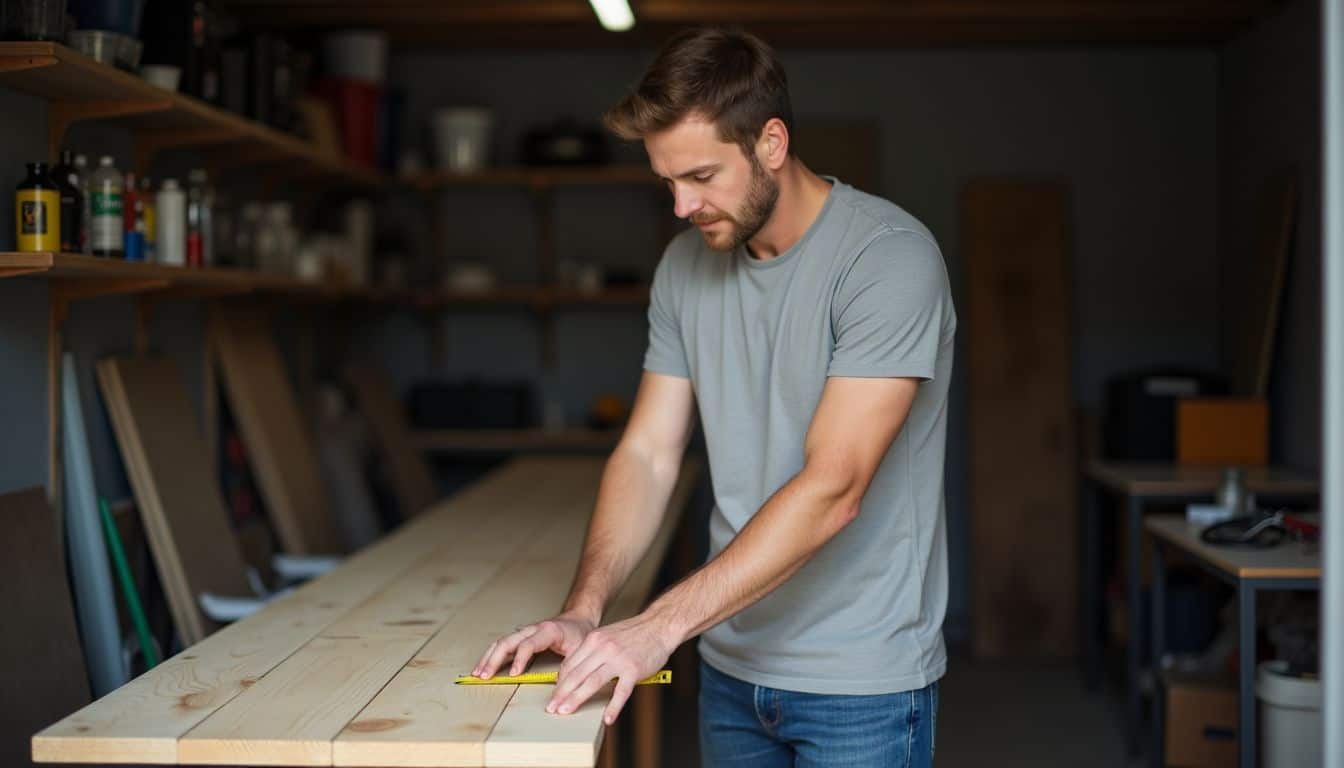 A man in his 30s building a home bar in a cluttered garage.