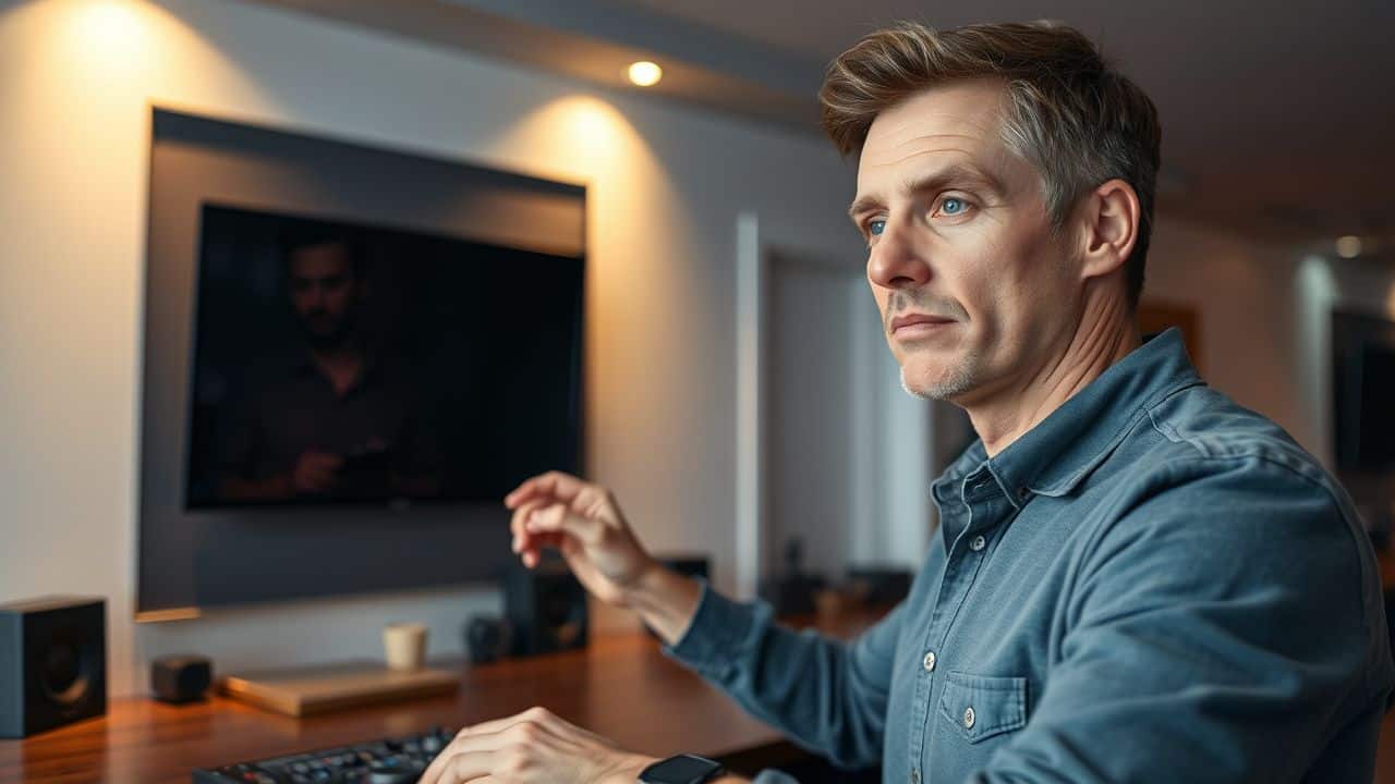 A man in his 30s adjusts the sound system in a modern home bar.