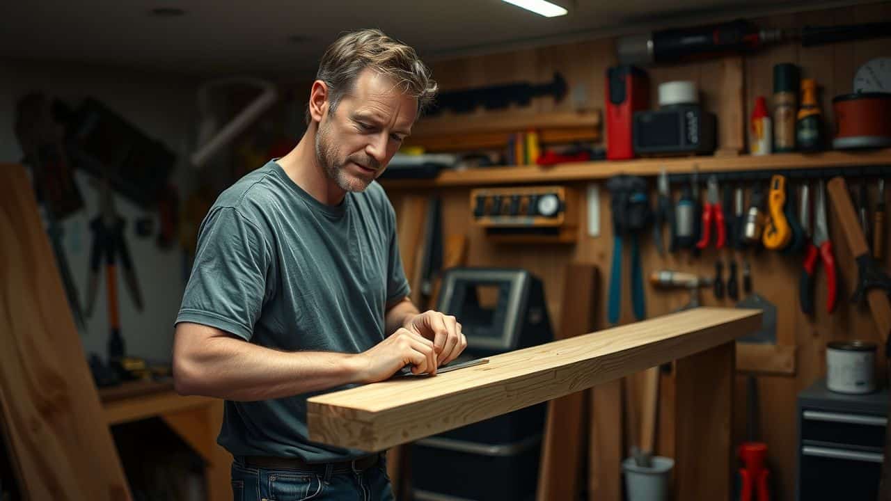 A man works on a DIY home bar project in a cluttered garage workshop.