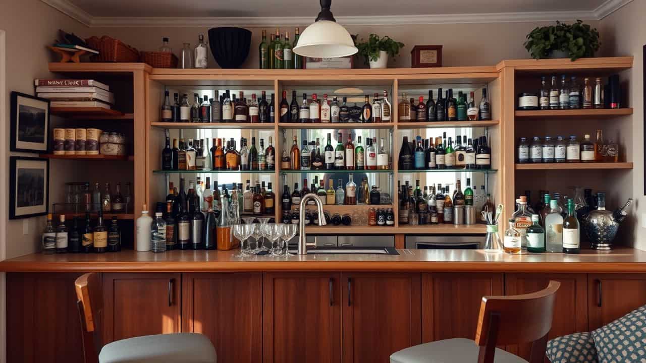 A well-organized home bar setup with liquor bottles and tools.