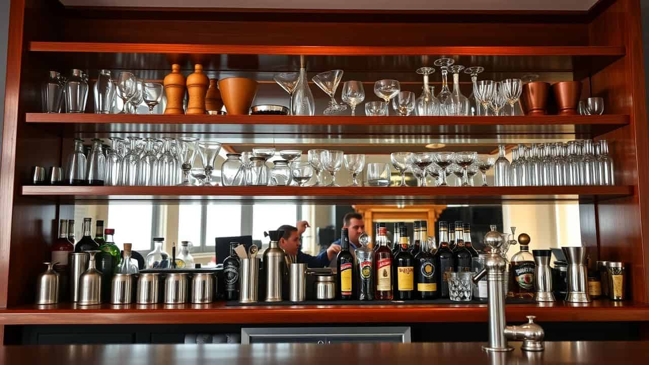 A well-kept home bar with polished glassware and stainless steel tools.