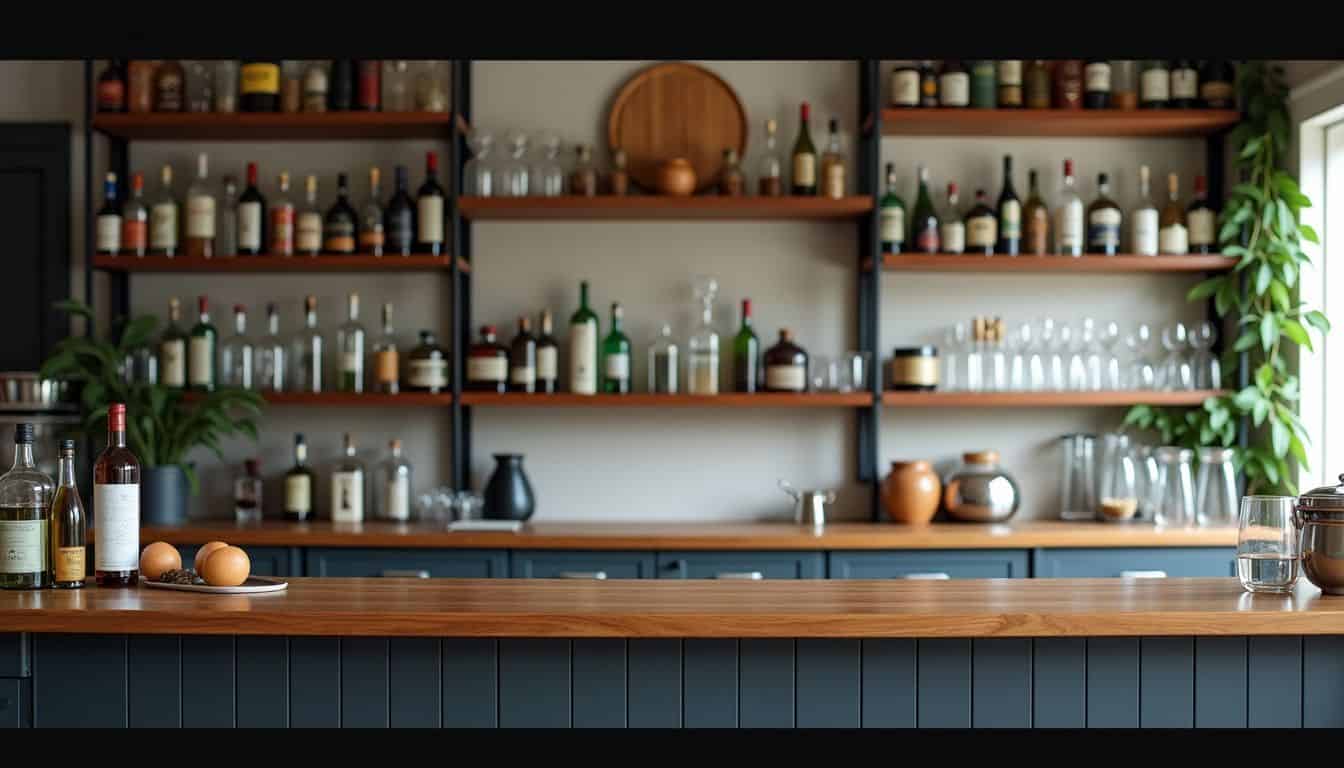 A home bar with a wooden countertop, bottles, and glassware.