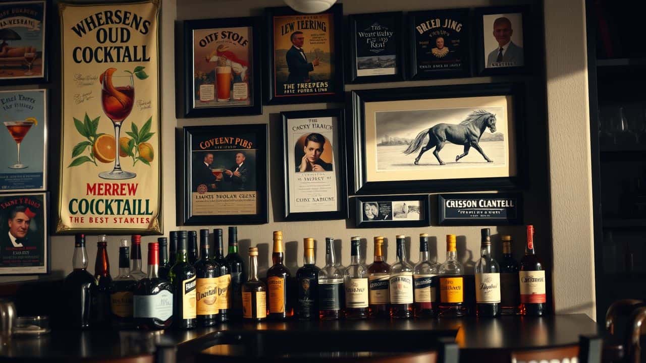 A home bar filled with vintage cocktail posters and bourbon bottles.