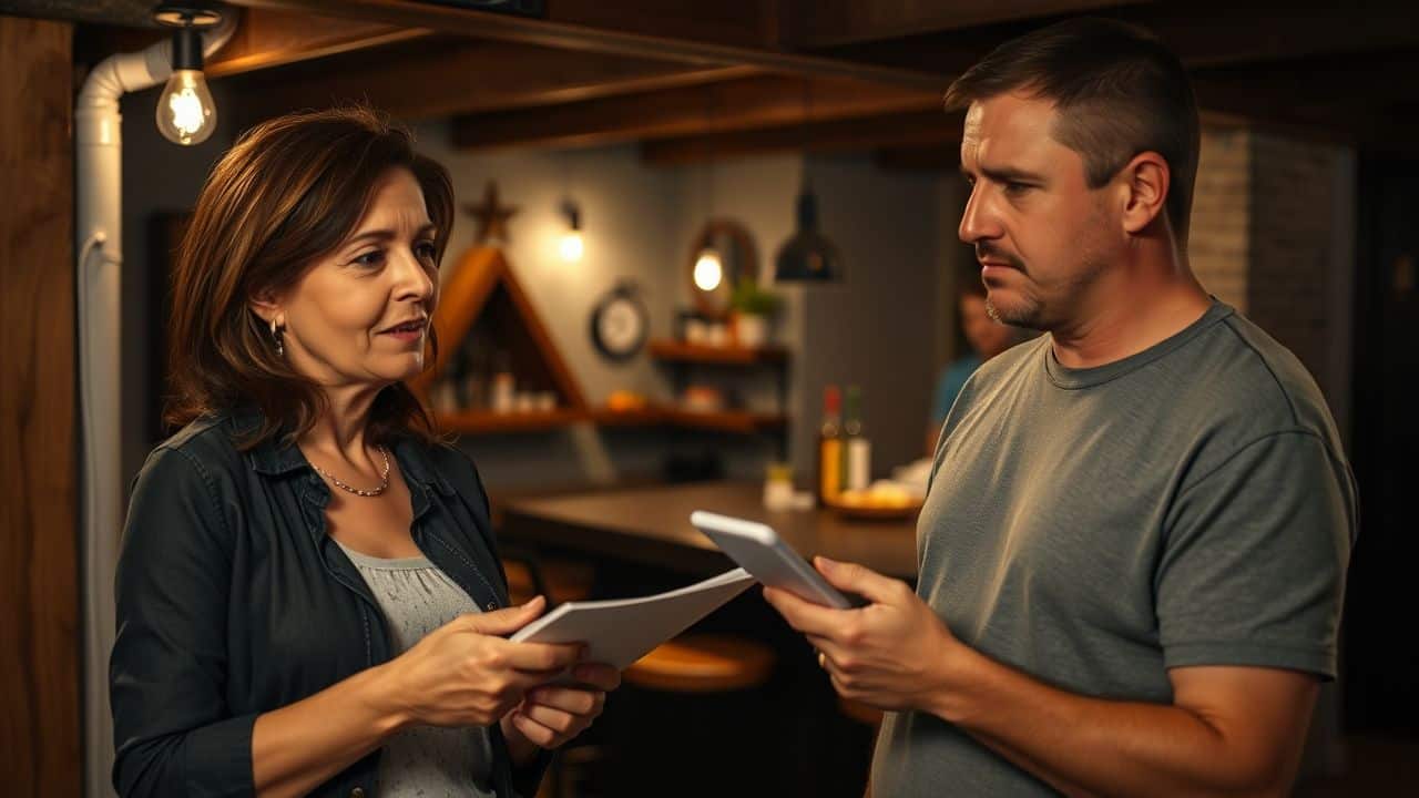 A couple discussing home bar design ideas in a basement setting.