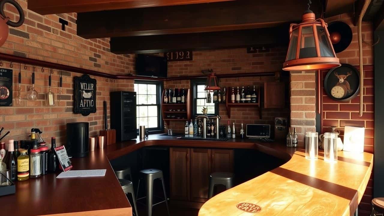 A rustic-themed home bar with reclaimed wood, exposed brick, and copper accents.