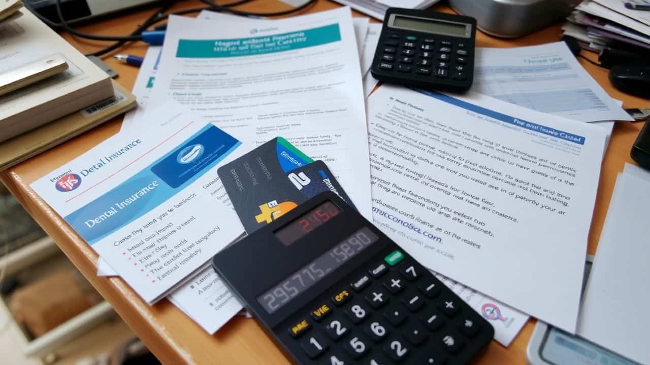 A cluttered desk with payment cards, insurance documents, and a calculator.