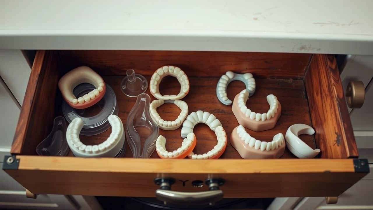 The image shows a worn wooden drawer filled with dental replacements.