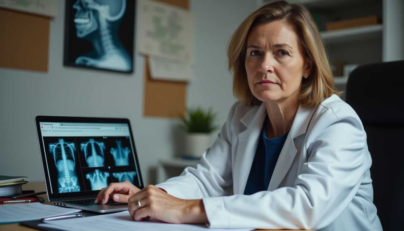 A woman in her 40s works at a cluttered medical office desk.