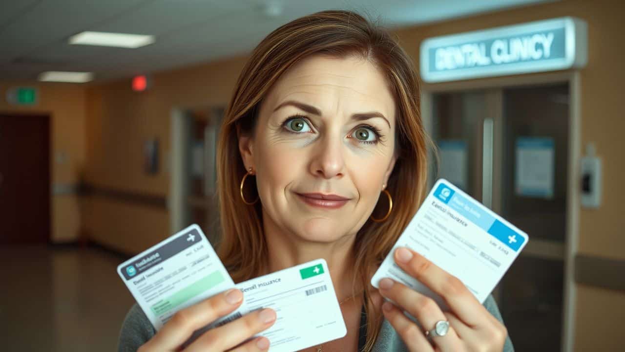 A woman holding medical and dental insurance cards in a hospital lobby.