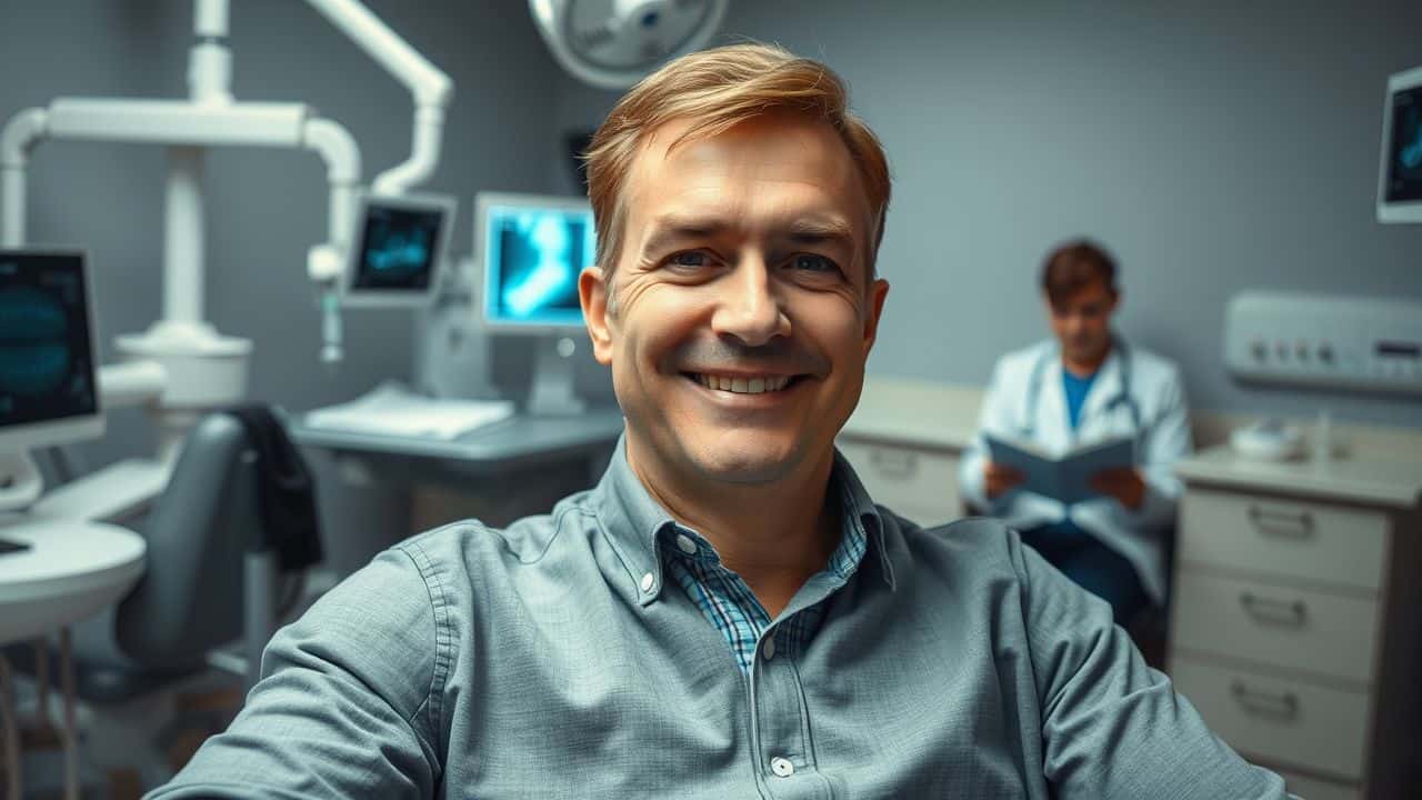 A middle-aged man in a dentist's office getting a dental evaluation.