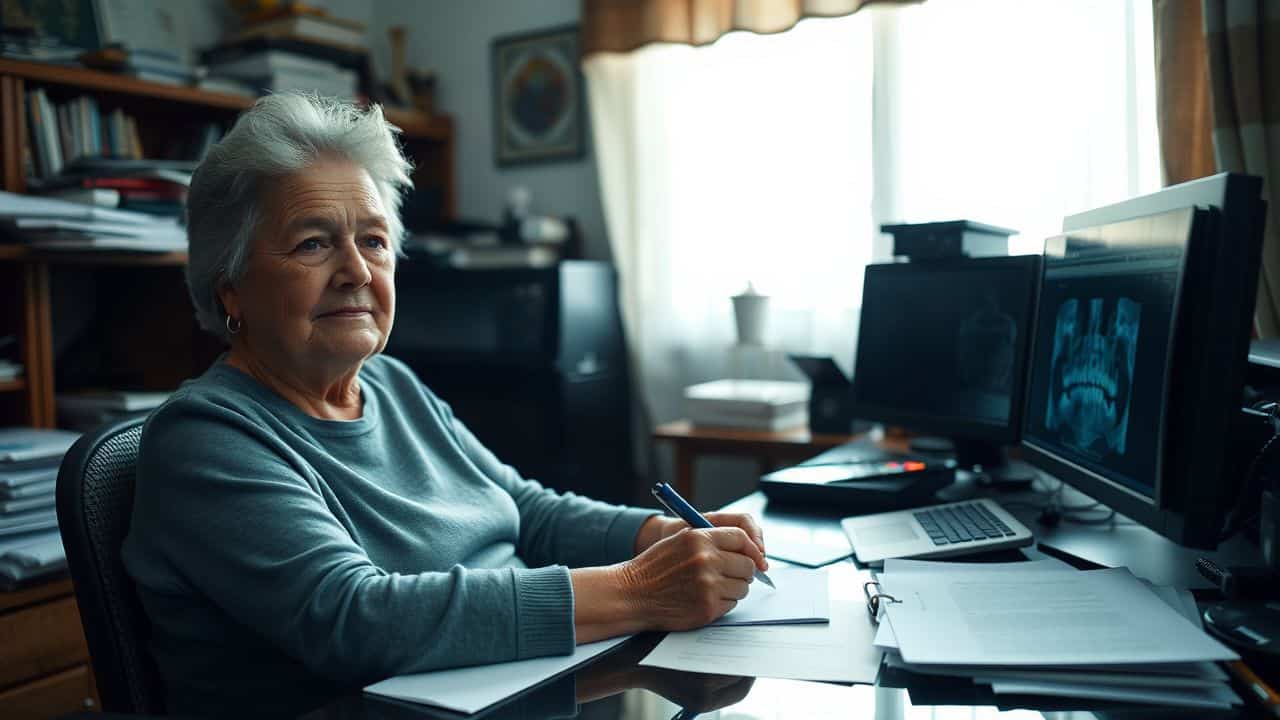 An elderly woman writing a letter about the medical necessity of dental implants.