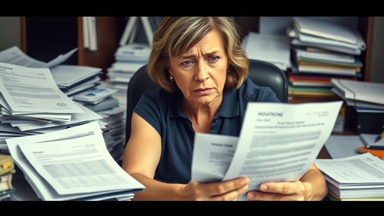 A woman struggling with insurance paperwork for dental implants.