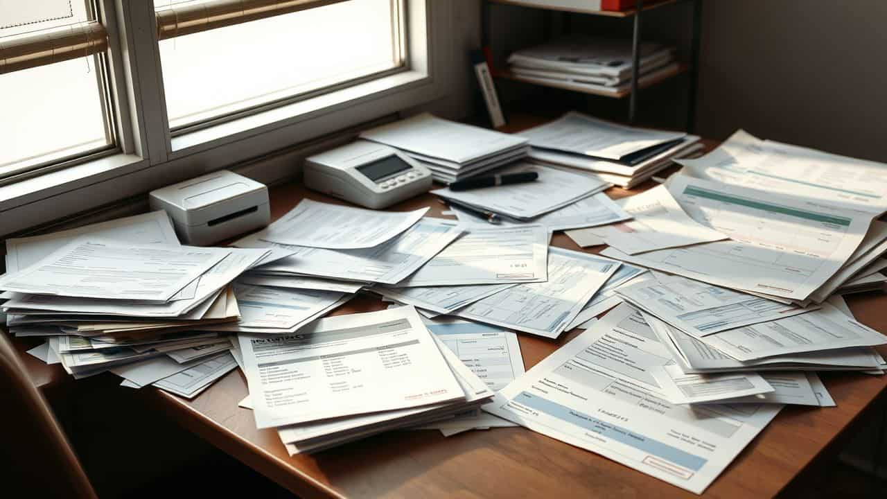 A cluttered dental office desk with insurance documents and medical billing codes.