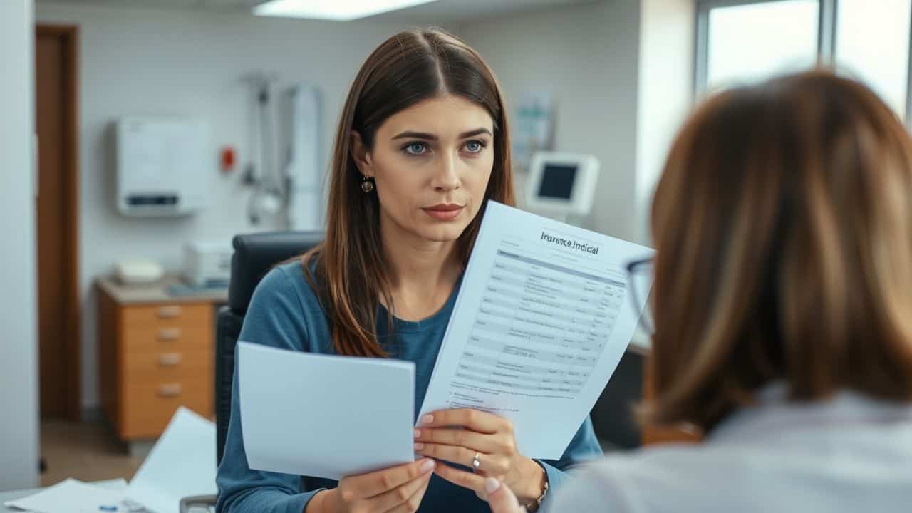 A woman in her 30s at a medical office presenting medical documents to an insurance agent.