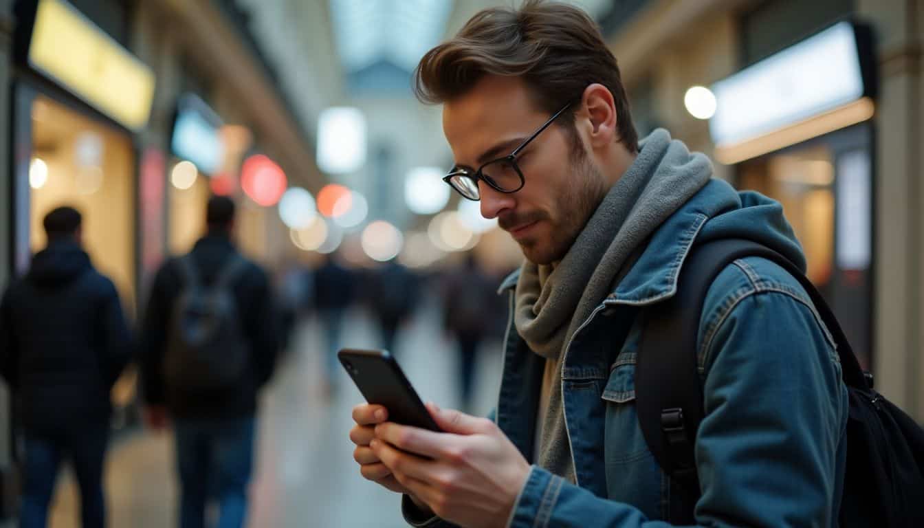 A traveler in their 30s checks surroundings and secures their money.