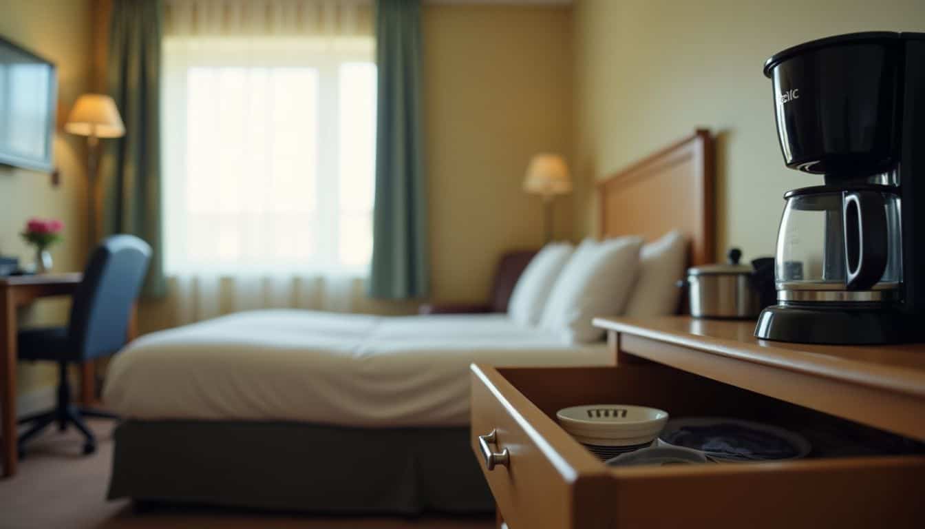 An untidy hotel room with unmade bed and open dresser drawer.