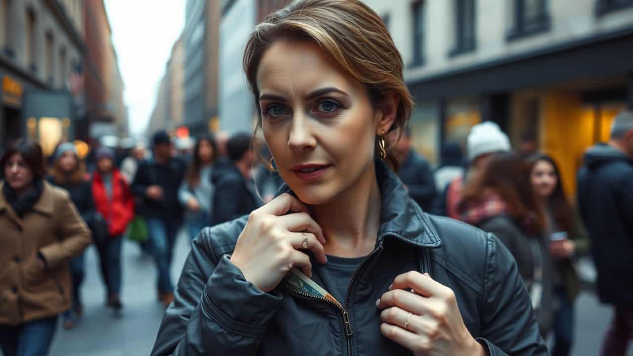 A woman in her 30s reaching for cash in a busy city street.