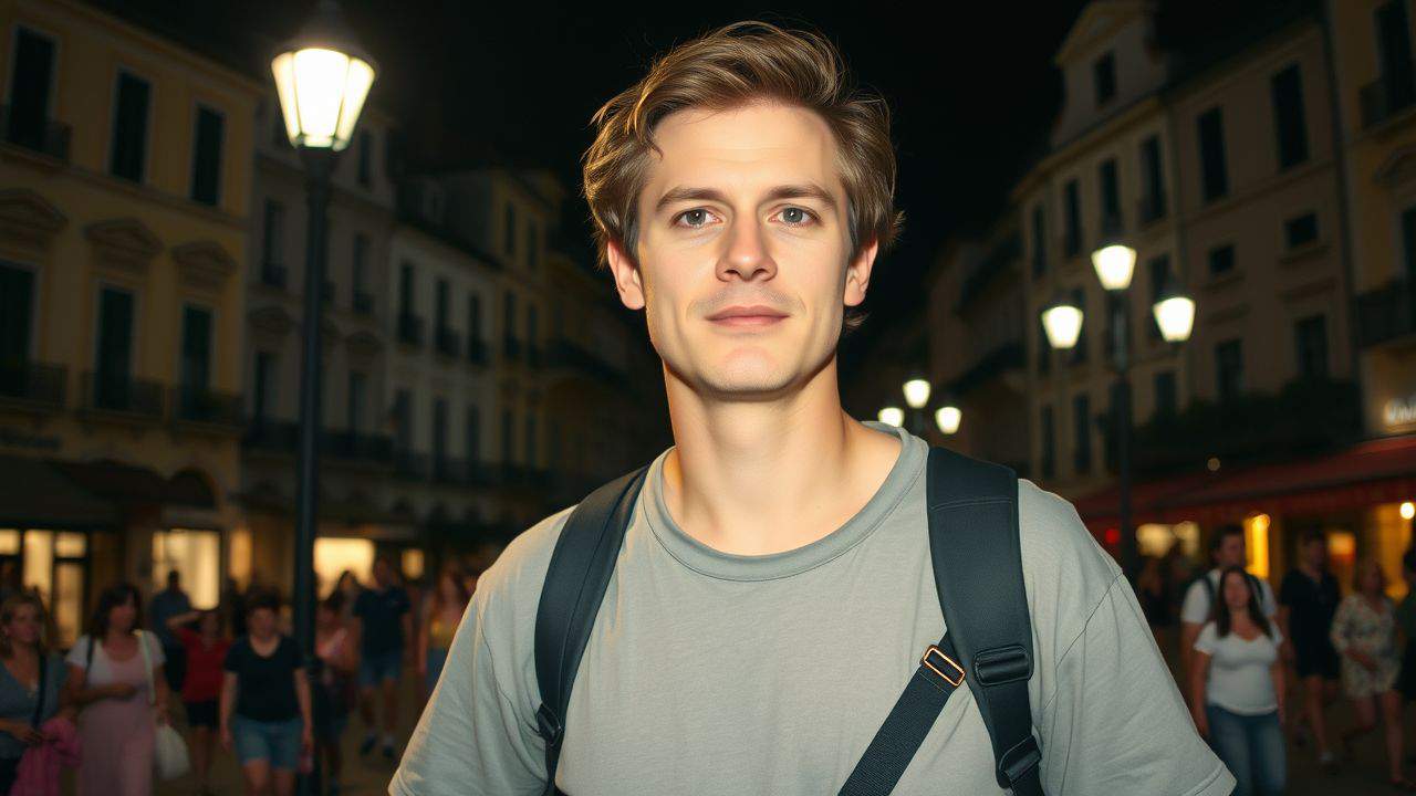 A traveler adjusting money belt in a European city square.