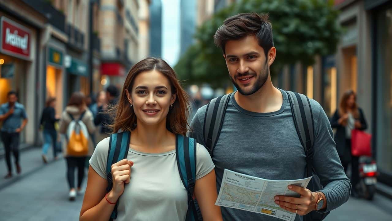 A couple in their 30s confidently navigate a lively city street.