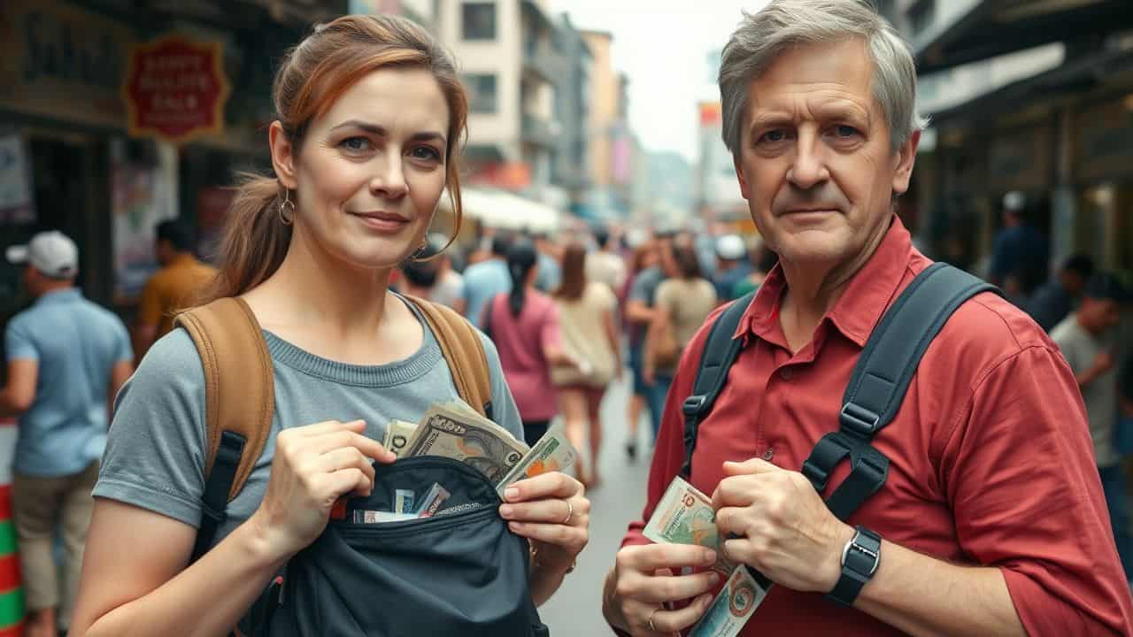 A middle-aged couple manages travel money in a foreign market.