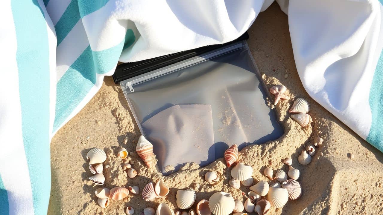 A waterproof pouch surrounded by beach towels and seashells.