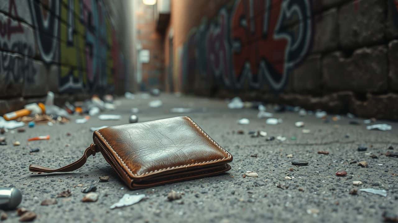 A worn leather wallet lies on the ground in a graffiti-covered alley.