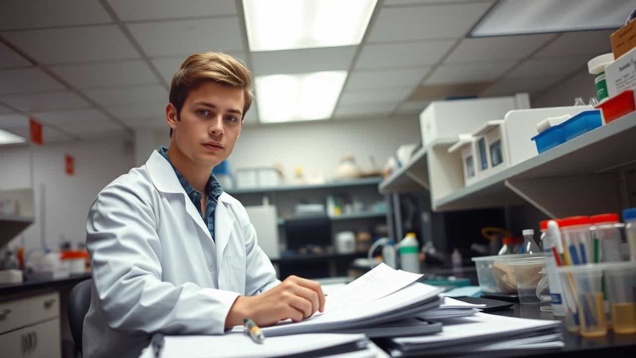 A college student organizes patient records in a medical research lab.