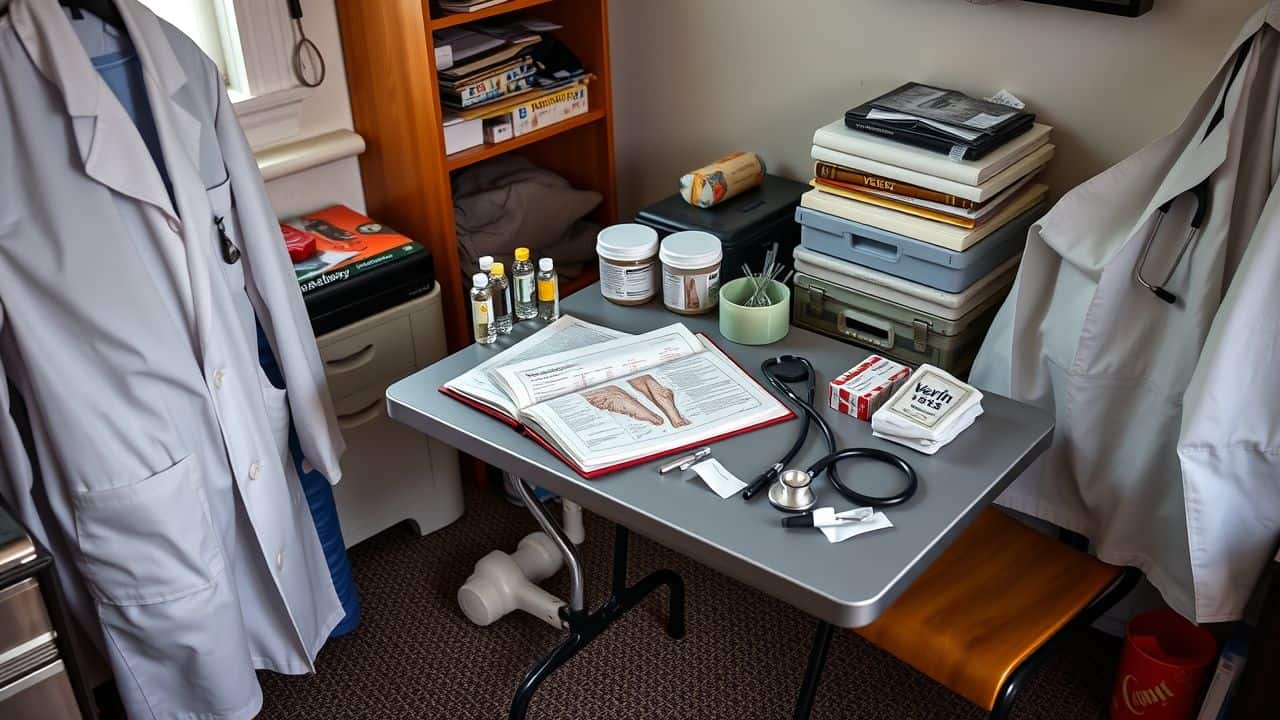 A cluttered home office with phlebotomy supplies, medical textbook, and lab coat.