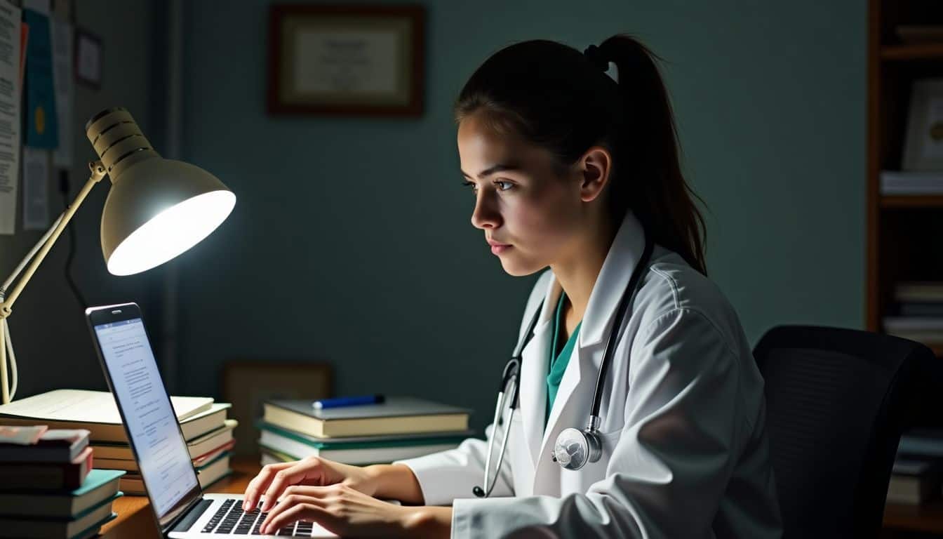 Determined medical student studying at a messy desk with textbooks and laptop.