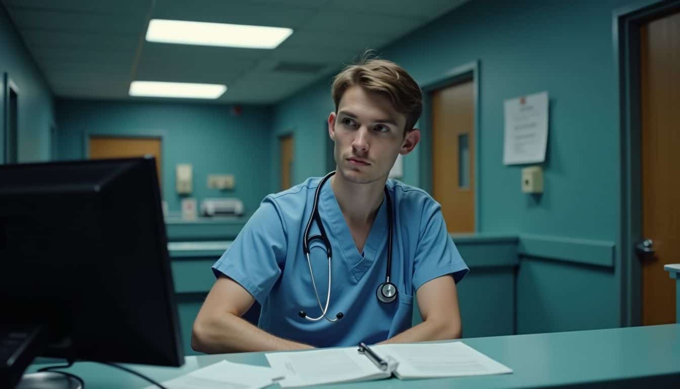 A medical student working at a hospital reception desk during the night.