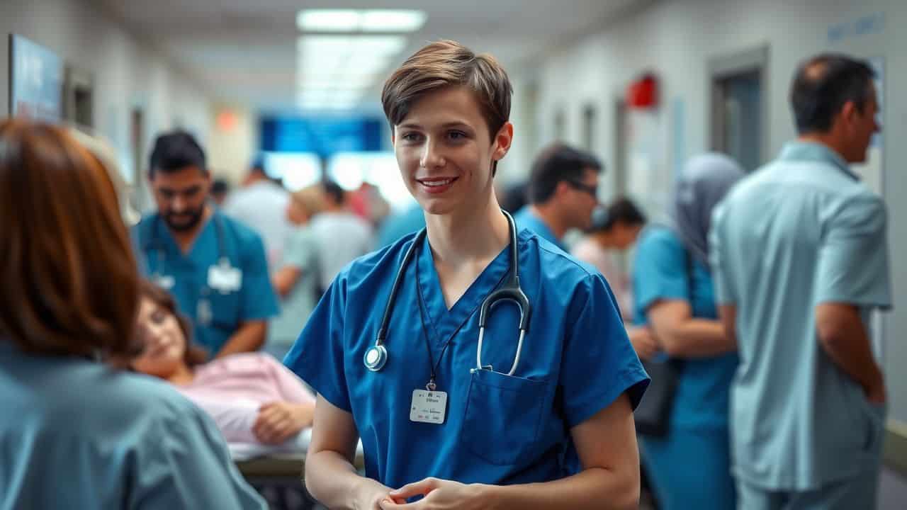 A medical student in blue scrubs conversing with patients in a hospital.