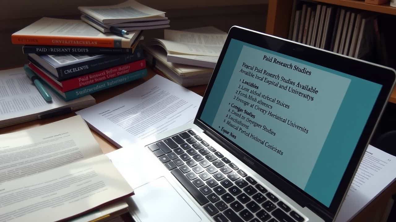 A medical student's desk filled with textbooks, research notes, and a laptop.