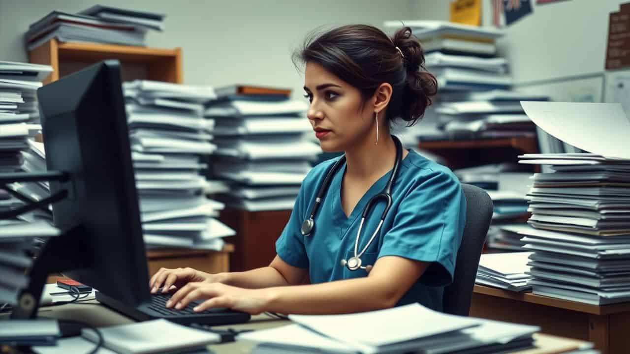 A medical scribe in blue scrubs works in a cluttered office.