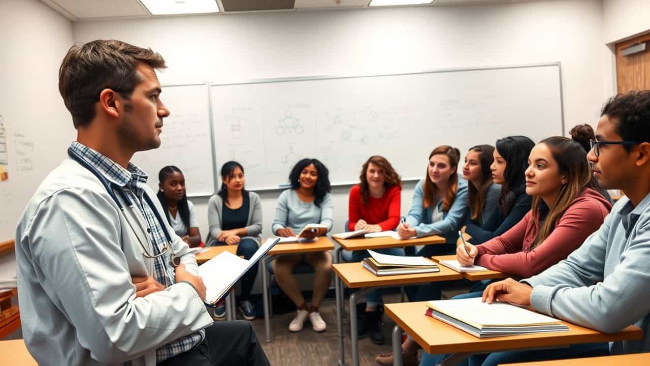 A medical student teaches diverse pre-med students in a classroom setting.