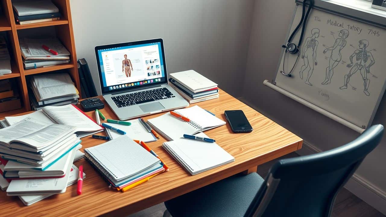 A cluttered desk with medical textbooks, laptop, and stethoscope.