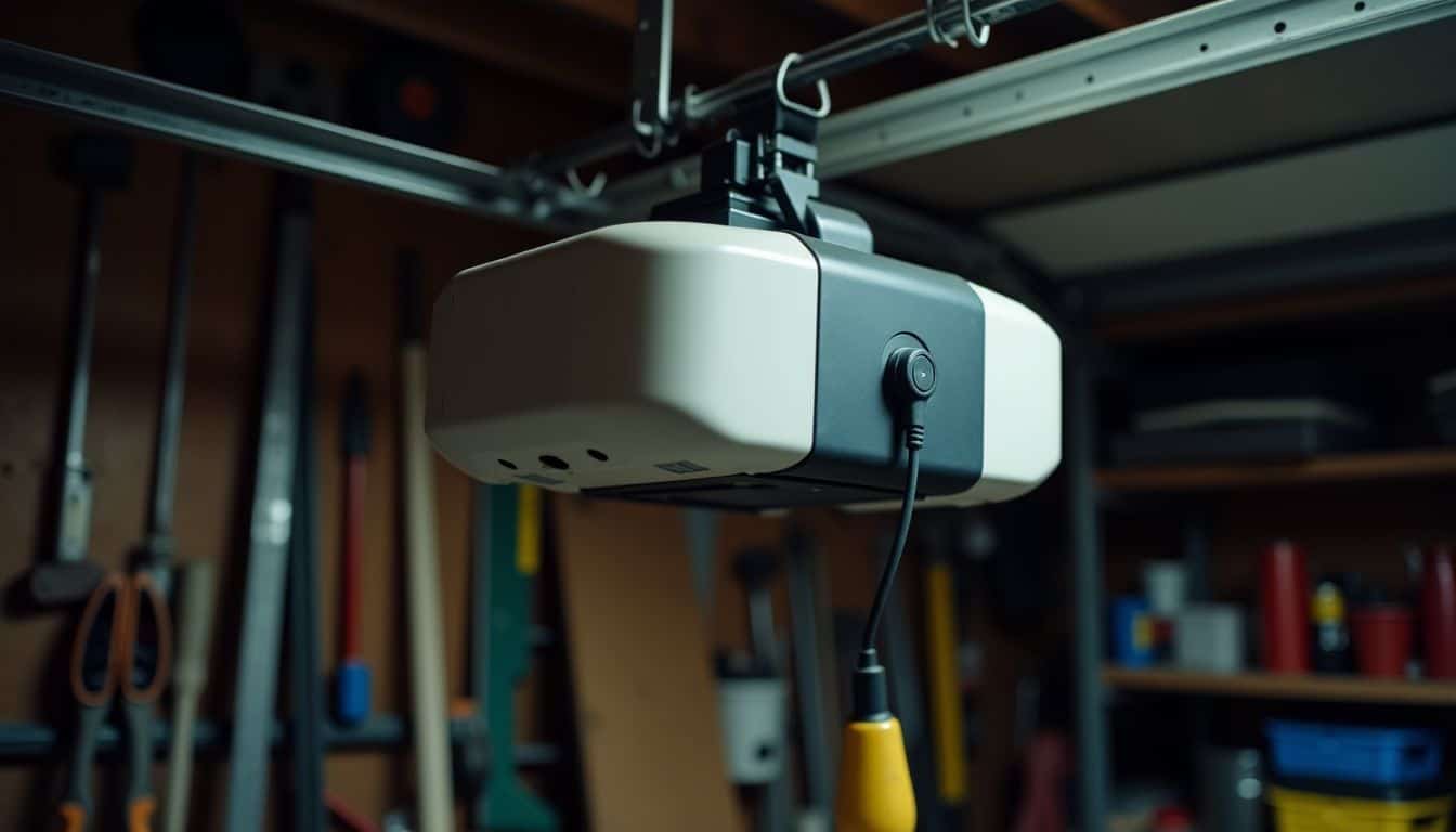 An unplugged garage door opener with emergency release in cluttered garage.