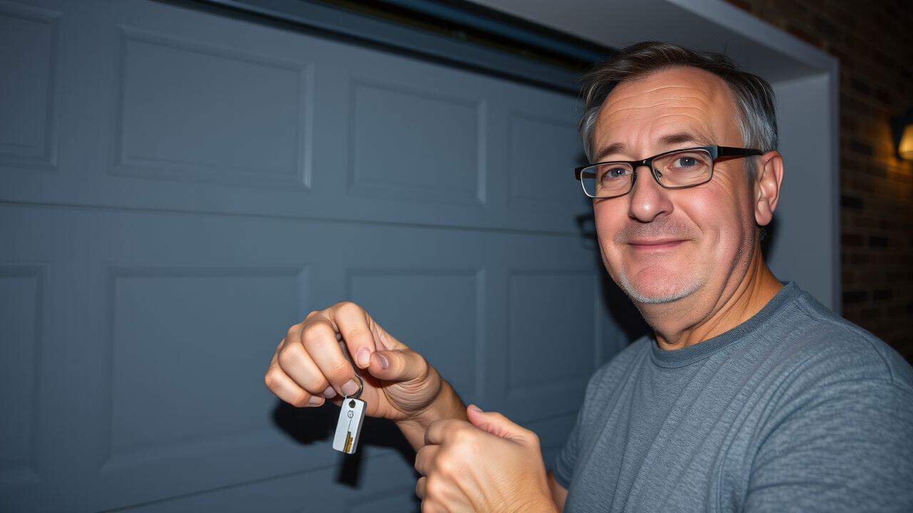 A man opening garage door with emergency release kit at dusk.