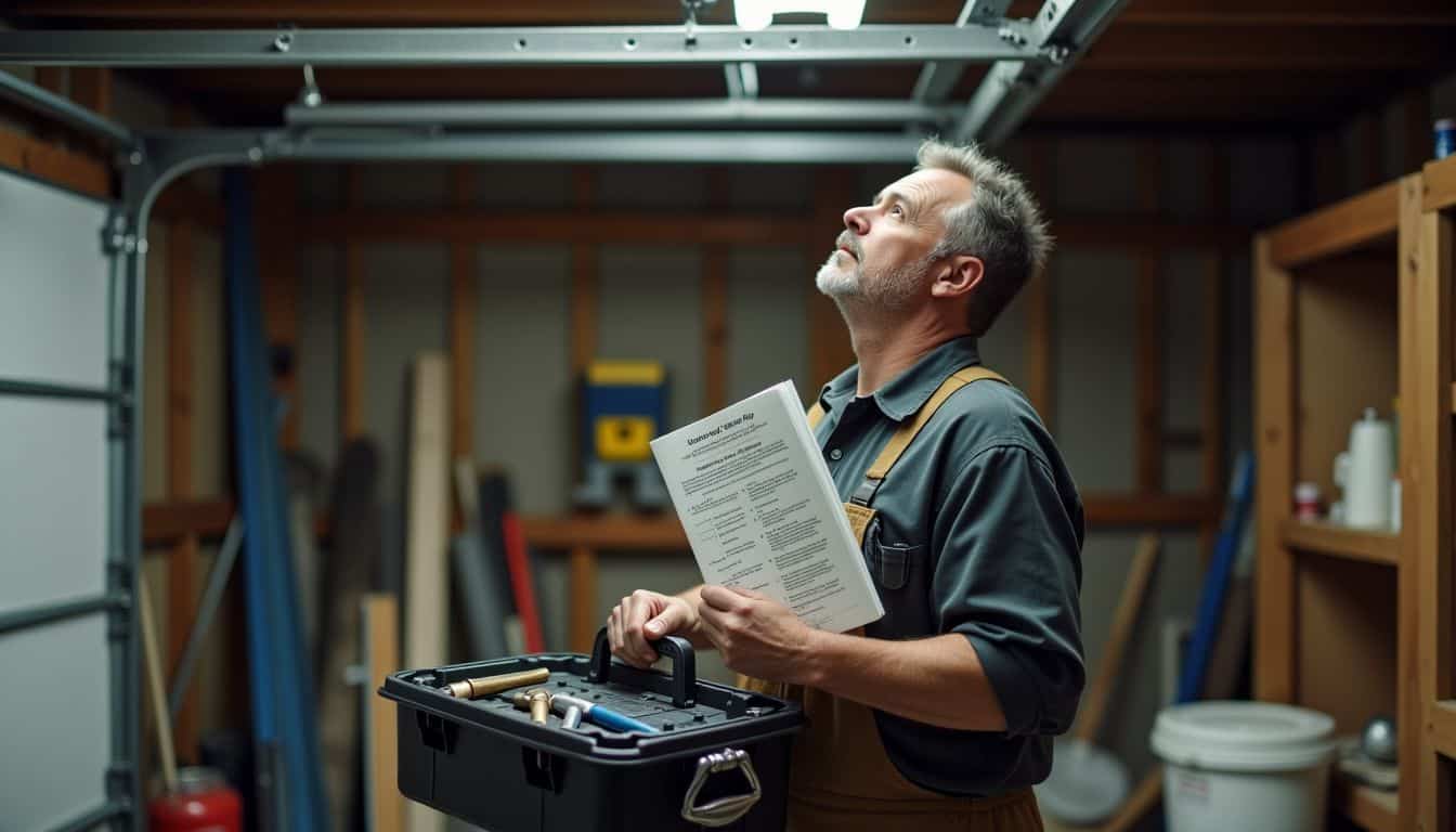 A middle-aged man standing in a cluttered garage with a toolbox.