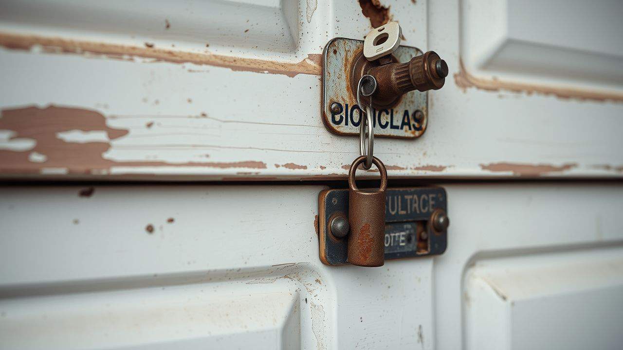 An old garage door with peeling paint and rusted lock.