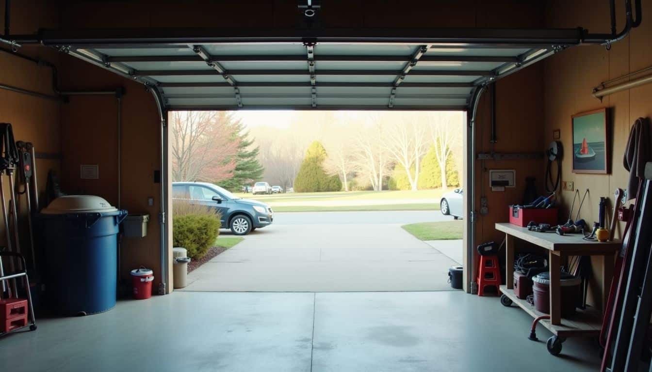 A garage door being manually lifted with tools scattered around.