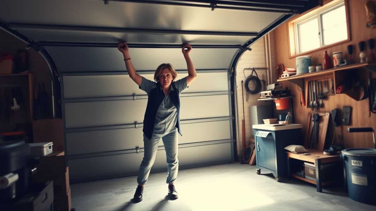 A woman lifting a heavy garage door with both hands.