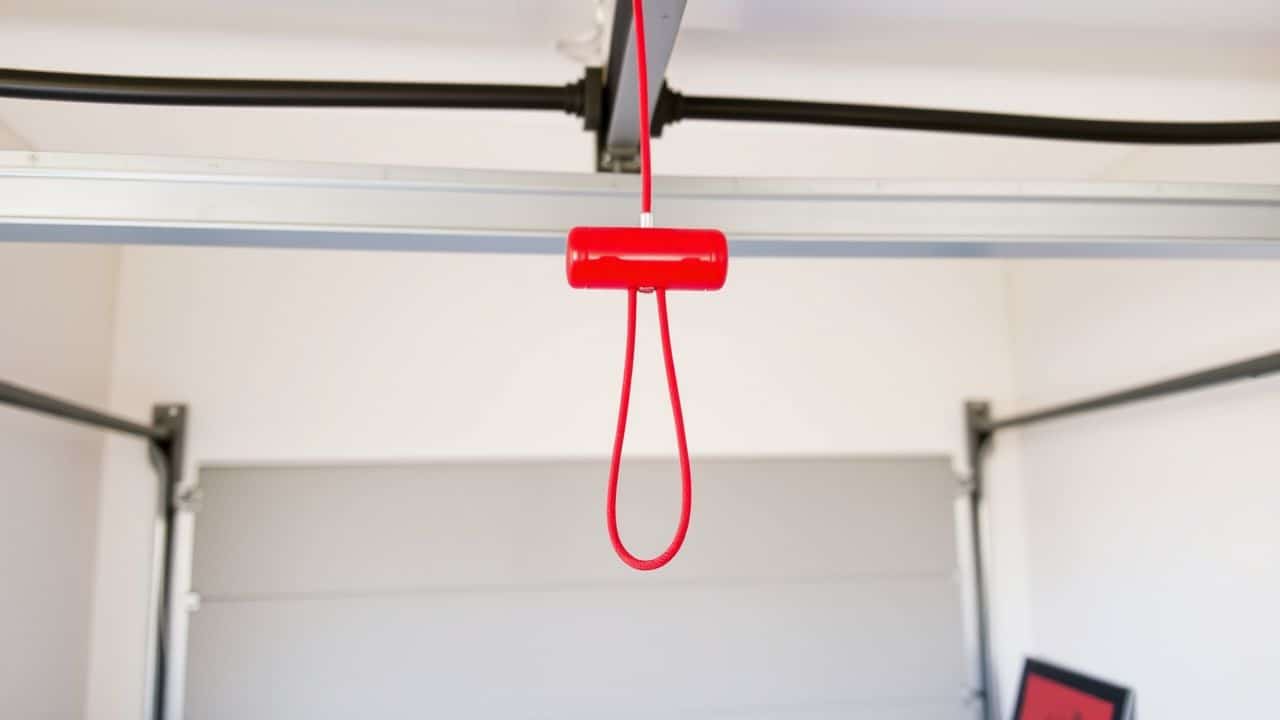 A red emergency release cord hangs from a garage door system.