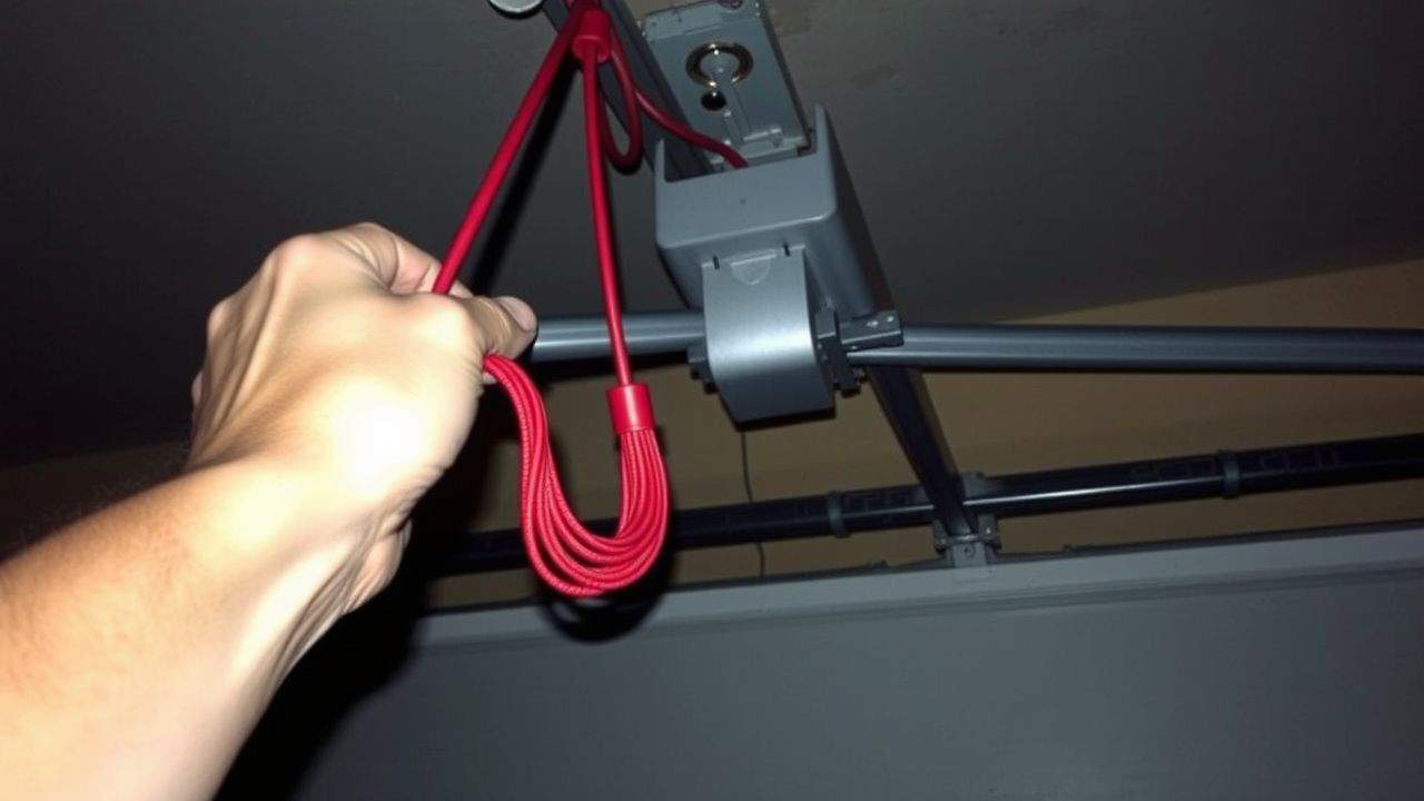 A person disengages the garage door opener using the emergency cord.