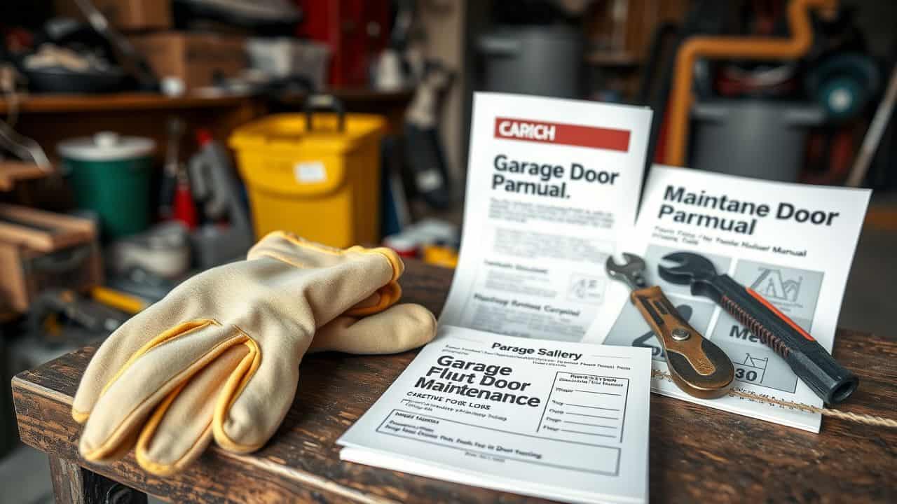 A pair of safety gloves resting on a workbench with garage tools.