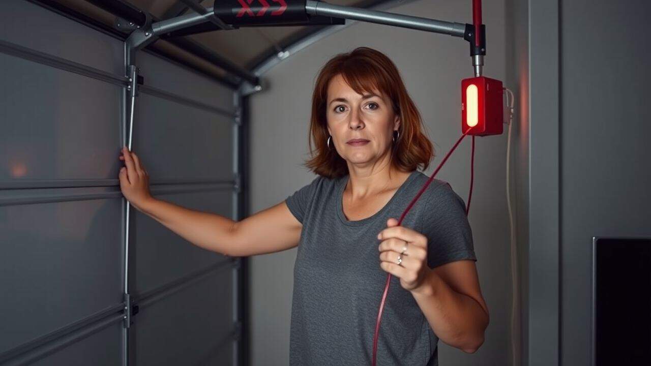 A woman manually opening a garage door during a power outage.