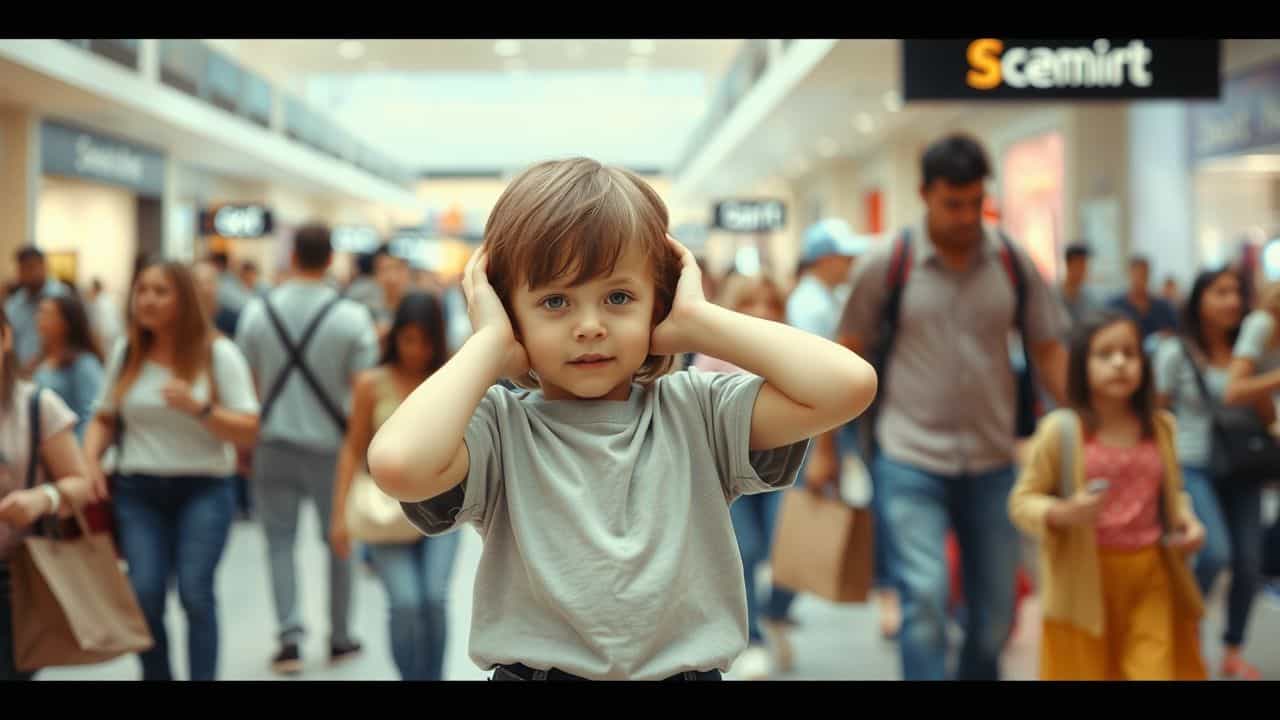 A young child covers ears in a crowded shopping mall.