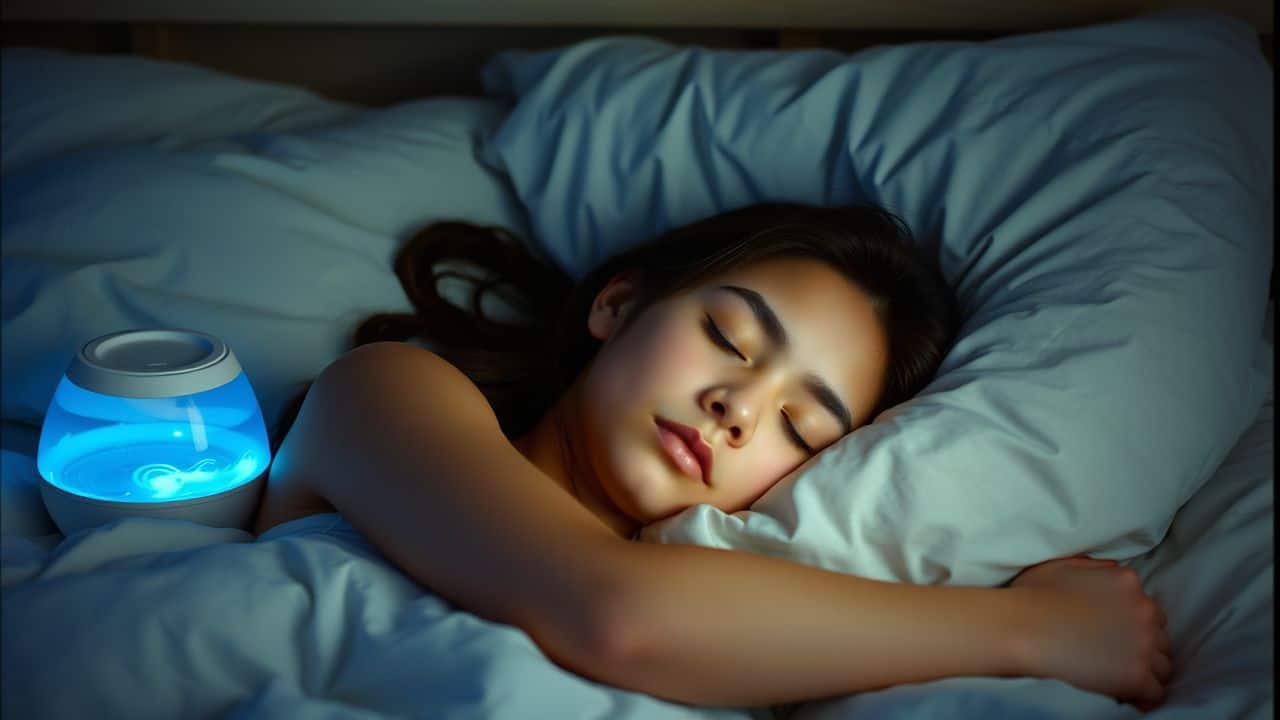 A person peacefully sleeping in a cozy bedroom with a white noise machine.