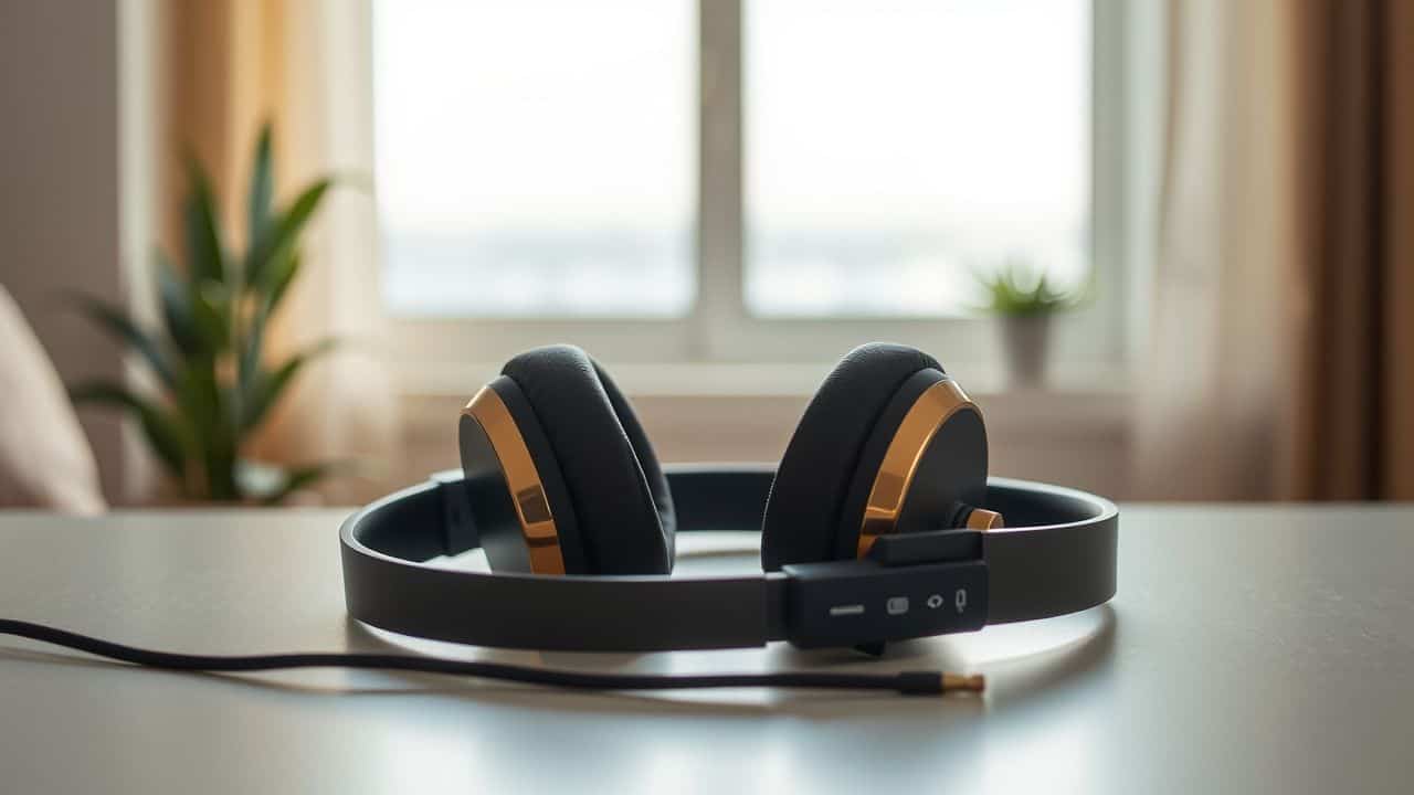 A pair of noise-canceling headphones on a calm table.