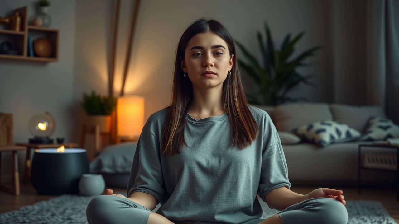 A woman meditating in a cozy, sensory-filled room.