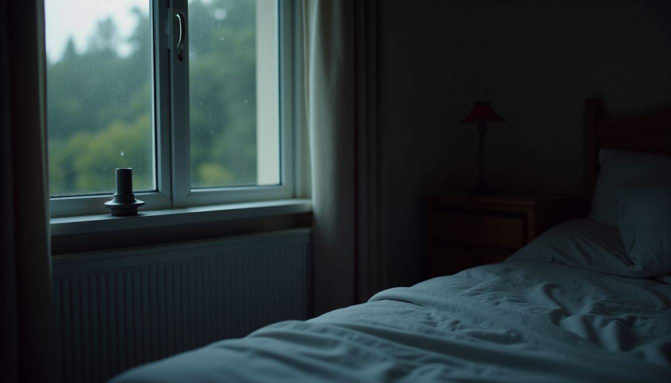 A dimly lit bedroom with a window open, rain falling outside.